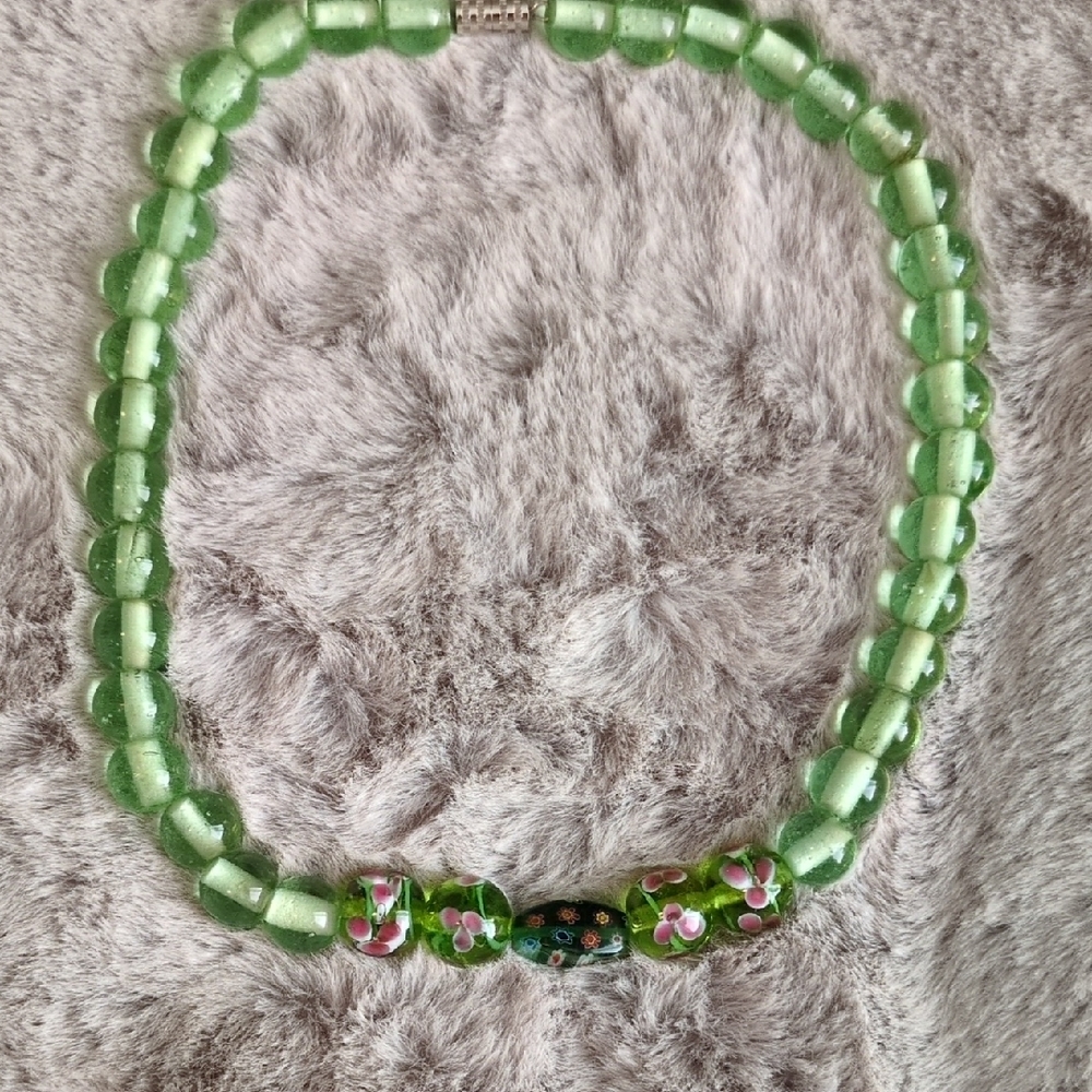 Green Glass Beaded Necklace with Floral Accents